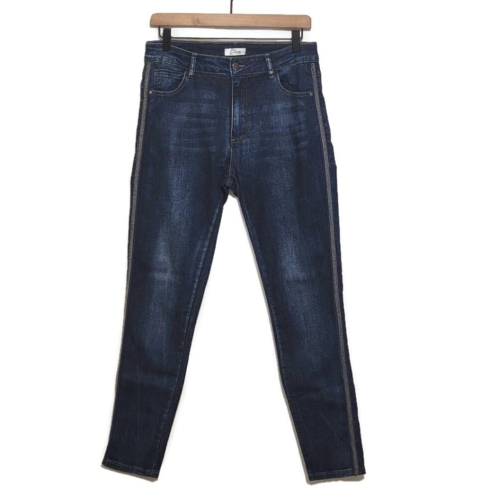 Elan High Rise Beaded Seam Dark Wash Stretch Skinny Blue Denim Jean Size L